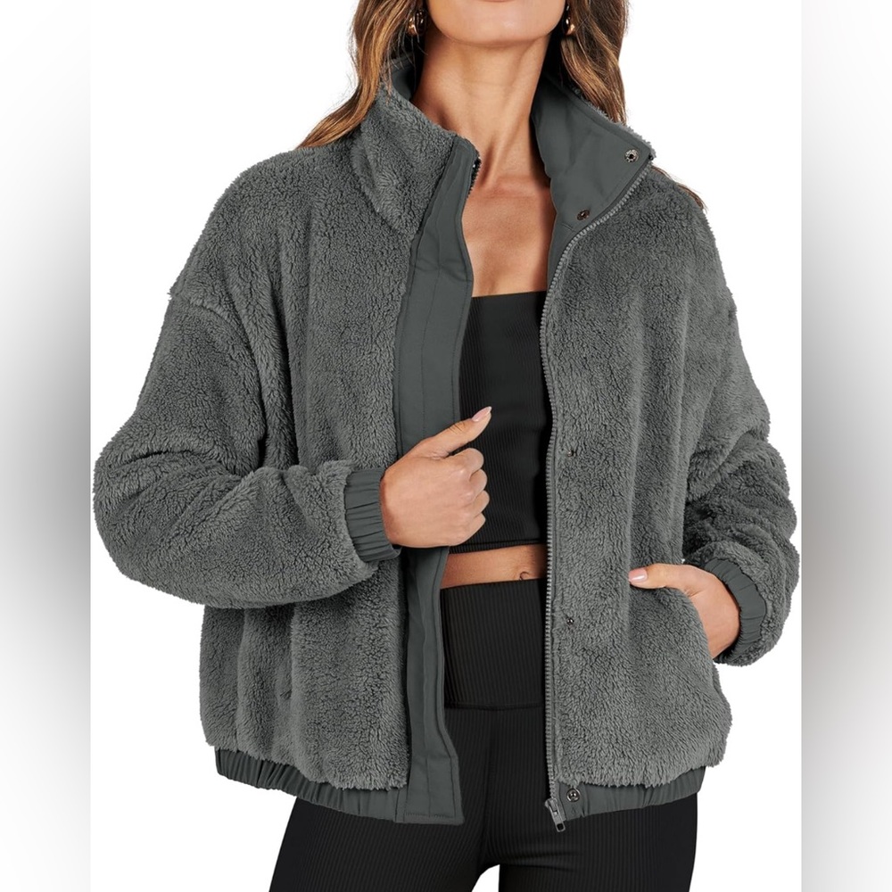 ANRABESS Womens Fleece Jacket Casual Long Sleeve Cropped Sherpa Button Down